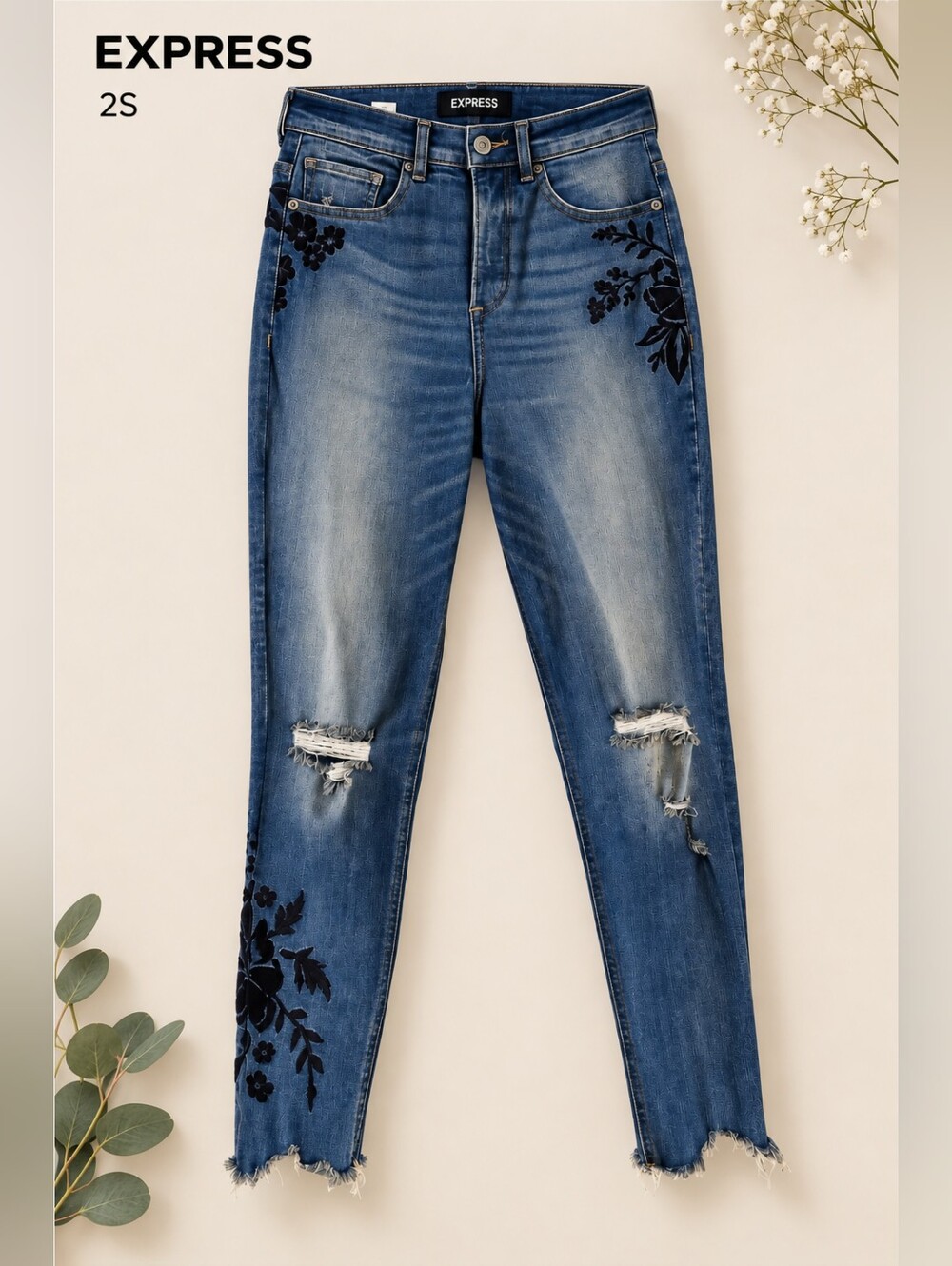 EUC Express Women's Dark Blue Ankle Leggings Jeans with Floral Embroidery, 2S